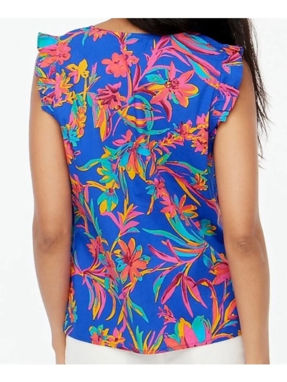 J.CREW TROPICAL COTTON VIBRANT BLUE FLORAL V-NECK RUFFLE TOP SIZE LARGE AIRY